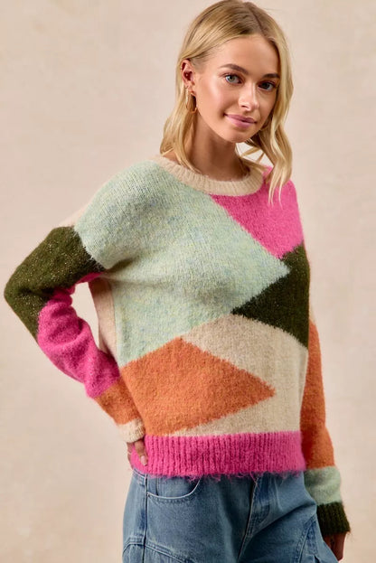 Colorful BiBi multi-color block sweater top by Trendsi, featuring a cozy knit fabric and a stylish, vibrant color block design.