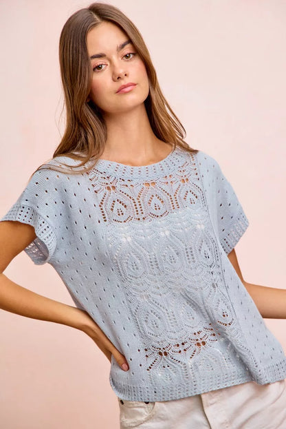 BiBi Washed Eyelet Short Sleeve Breathable Knit Top by Trendsi, showing the lightweight, textured fabric and eyelet detailing.