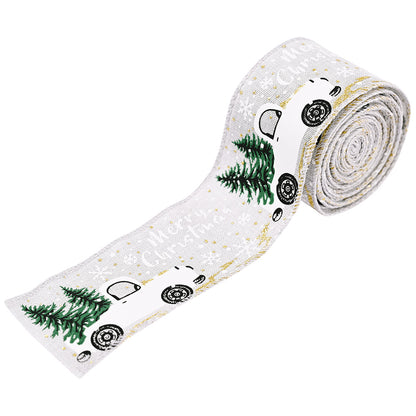 Festive red and green car and Christmas tree ribbon with bows, perfect for holiday decorating and gift wrapping.