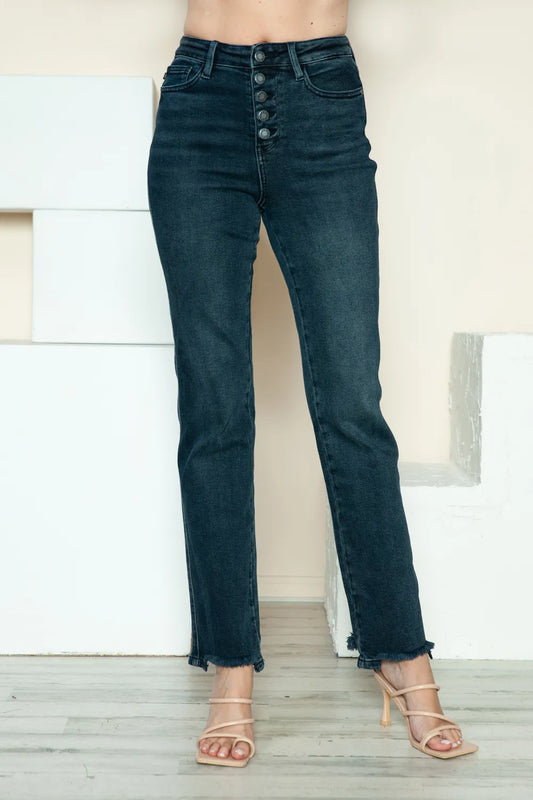 Judy Blue full size button fly hem destroy straight jeans with distressed details and classic fit, displayed on a neutral background.