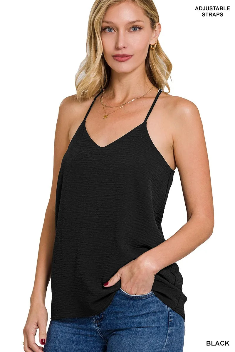 Woven airflow Zenana V-neck cami with adjustable straps, lightweight and breathable fabric, in a stylish V-neck design.