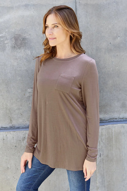 Trendsi Basic Bae full-size round neck long sleeve top in neutral color, casual and comfortable for everyday wear