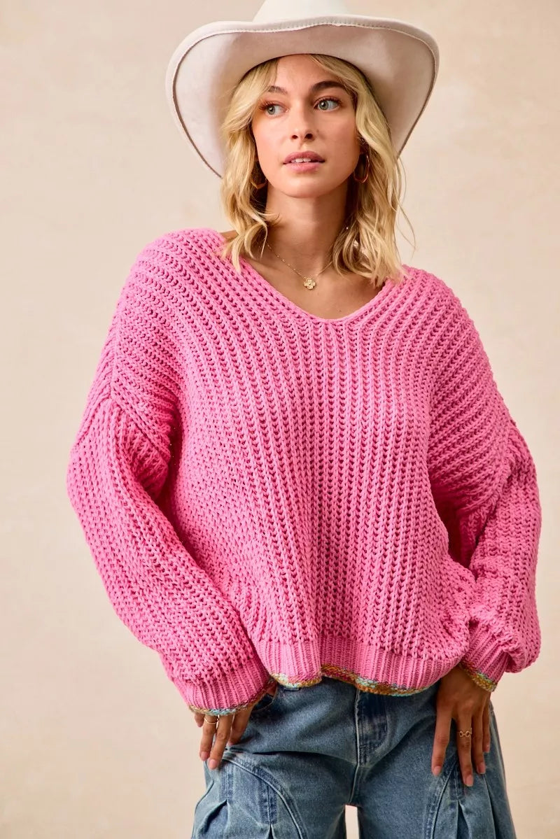 BiBi V-neck sweater by Trendsi featuring colorful trim and soft knit fabric, shown in a close-up of the neckline and trim details.