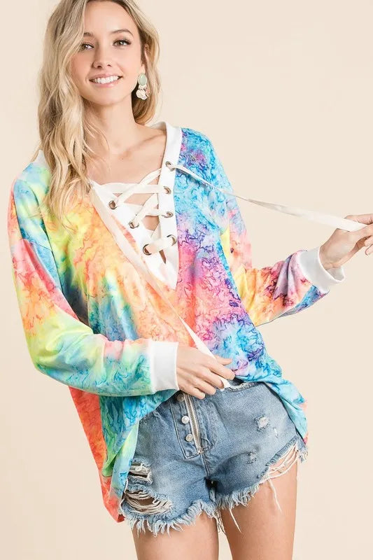Trendsi BiBi tie-dye deep V-neck top with lace-up front, casual fashion top with vibrant colors and relaxed fit.
