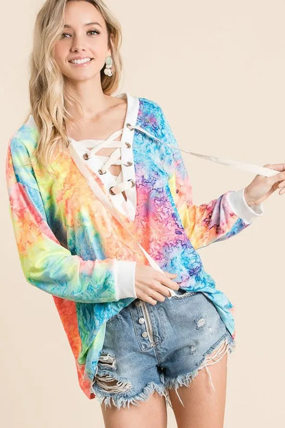 Trendsi BiBi tie-dye deep V-neck top with lace-up front, casual fashion top with vibrant colors and relaxed fit.