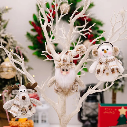 Hanging Santa, snowman, and reindeer ornament featuring festive holiday characters, perfect for Christmas tree decoration.