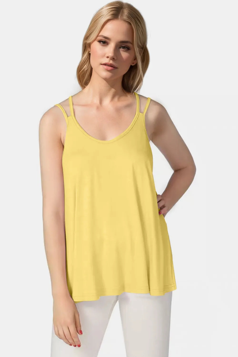 Basic Bae bamboo cami with scoop neck and double spaghetti straps, stylish and comfortable Trendsi women's top.