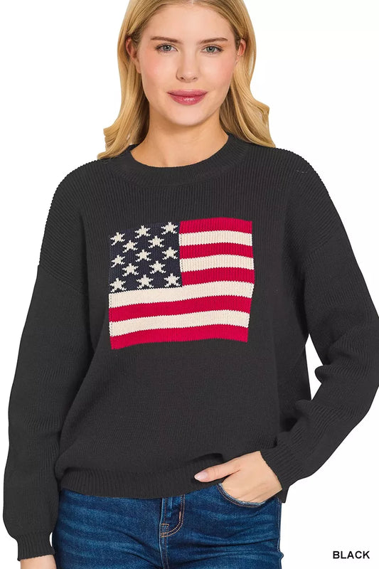 Zenana American Flag crew neck sweater with patriotic star and stripe design, casual fit, soft knit fabric, trendy and comfortable.