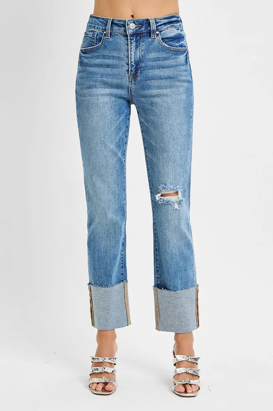 Plus size RISEN high rise ankle jeans by Trendsi, featuring straight wide cuffed leg and classic denim style.