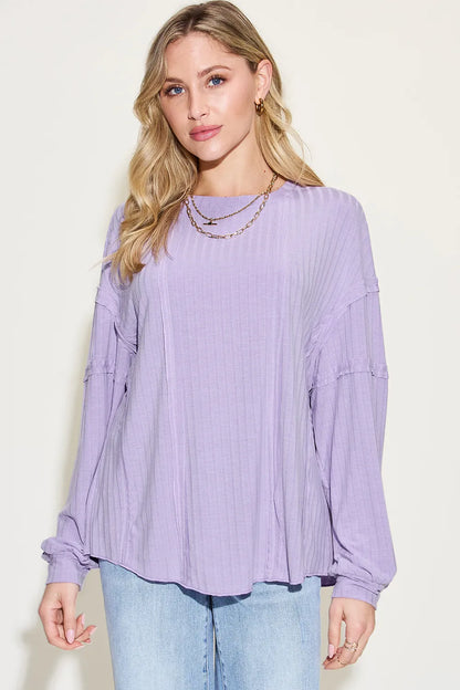 Trendsi Basic Bae full-size ribbed long sleeve T-shirt with round neckline in black, showing the fitted ribbed fabric and long sleeves.