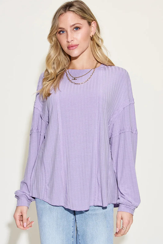 Trendsi Basic Bae full-size ribbed long sleeve T-shirt with round neckline in black, showing the fitted ribbed fabric and long sleeves.
