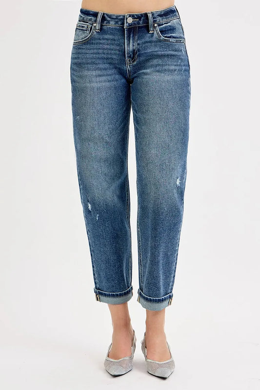 Plus size RISEN low rise crop boyfriend jeans from Trendsi, showing casual fit and distressed denim style in natural light.