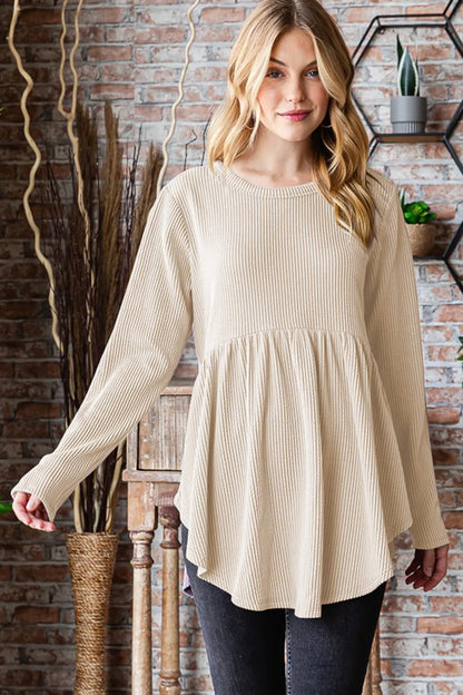 Heimish full size round neck long sleeve ribbed babydoll top, trendy women's long sleeve top with a relaxed fit and ribbed fabric.