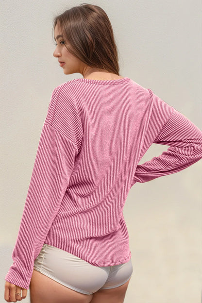 Striped long sleeve T-shirt with notched neckline from Trendsi's Double Take collection, featuring a stylish casual fit.