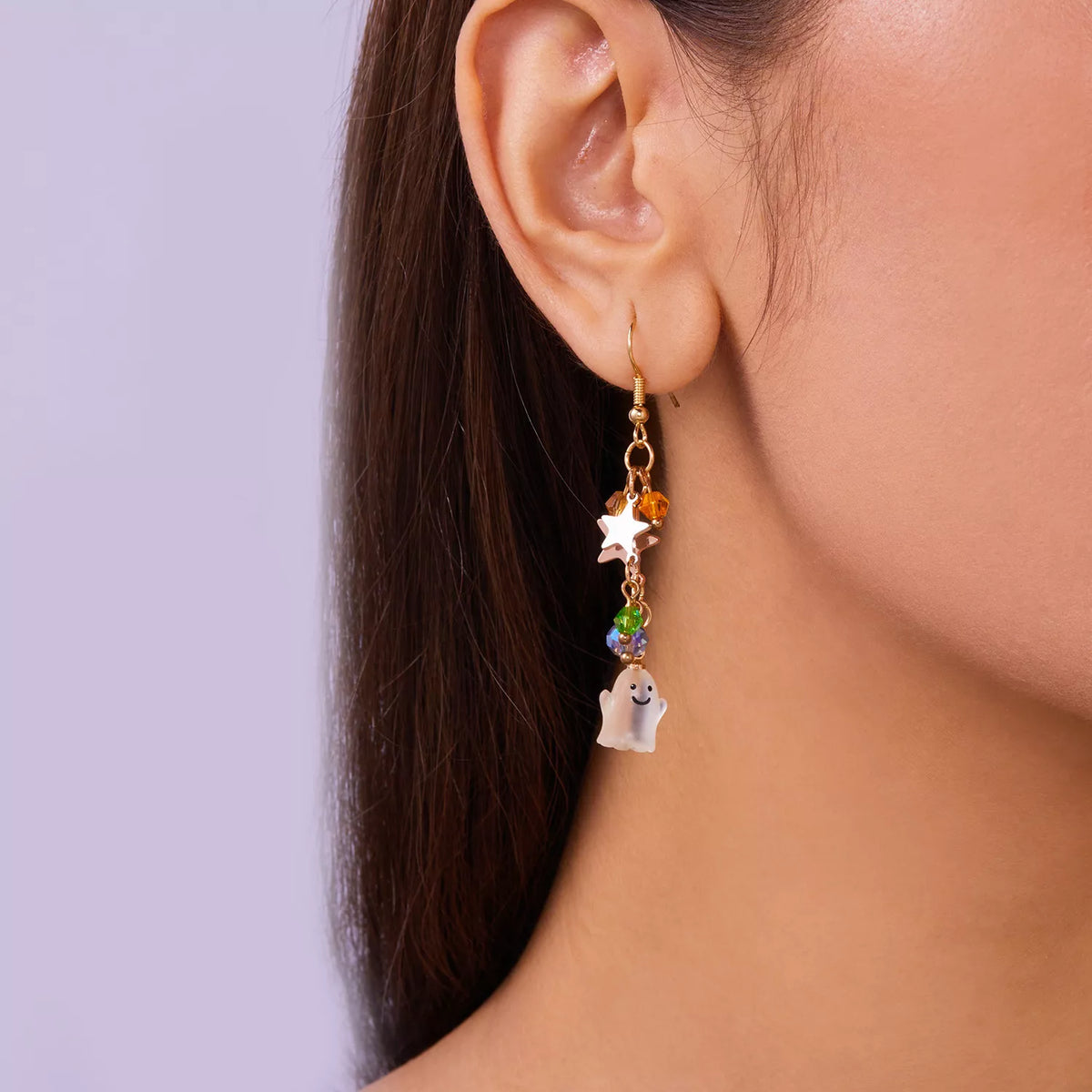 Halloween asymmetrical pumpkin ghost earrings featuring spooky pumpkin and ghost charms, trendy jewelry for Halloween costumes.