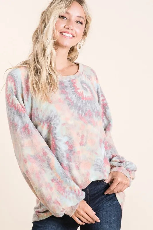 BiBi brushed tie dye print top with puff sleeves, featuring a casual and trendy design from Trendsi.