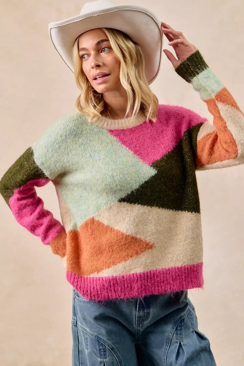 Multicolor block sweater top by Trendsi, featuring a cozy knit design with vibrant color blocks and long sleeves.