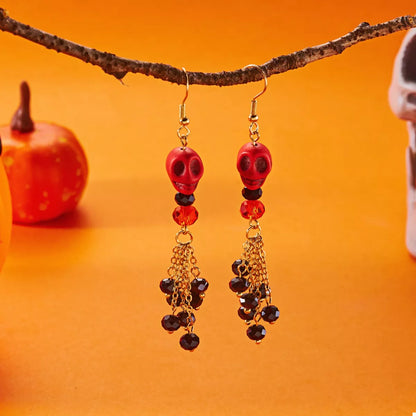 Halloween Skull Beaded Drop Earrings featuring black and silver skull beads with dangling design, perfect for spooky seasonal style.