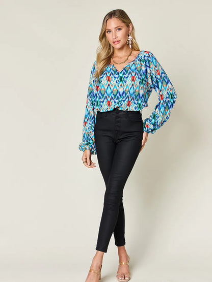 Printed balloon sleeve blouse from Trendsi featuring a double take full size design with bold print and stylish balloon sleeves.