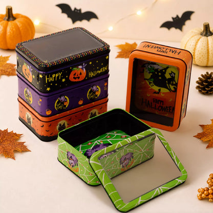 Halloween decorative metal storage box with window display, featuring a spooky design and vintage metal finish.
