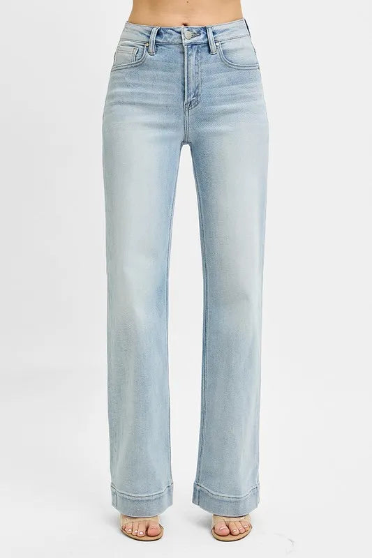 Risen full size high-rise straight jeans with classic denim wash, front pockets, and belt loops, displayed on a hanger.