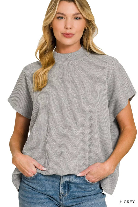 Viscose mock neck short sleeve boxy sweater by Trendsi, featuring a stylish design with a relaxed fit and soft fabric.