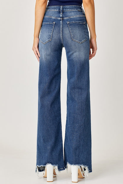 Risen Full Size High Rise Frayed Hem Wide Leg Jeans