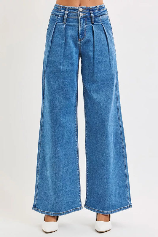 Plus size RISEN wide leg jeans with pleated detail, full size, mid-rise fit, trendy denim by Trendsi, shown from front view.