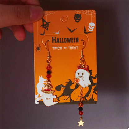 Halloween Ghost Pumpkin Drop Earrings featuring spooky ghost and pumpkin charms, perfect for October festivities.