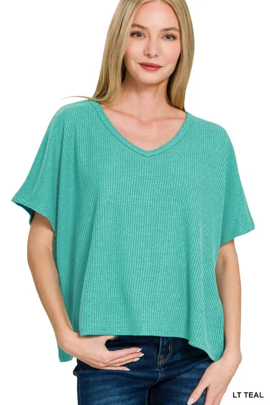 Zenana ribbed V-neck short-sleeve knit top in neutral color, casual and comfortable for everyday wear