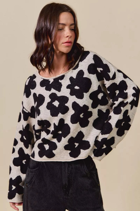 Lightweight loose fit flower sweater top by Trendsi, featuring a floral pattern and casual style.