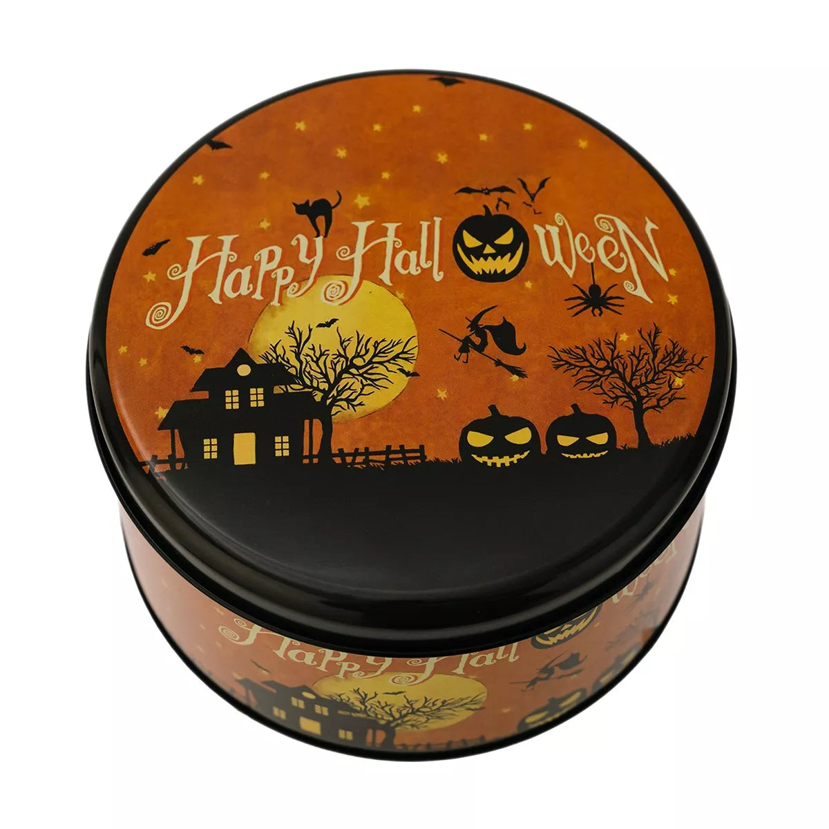 Halloween decorative metal candy tin with spooky pumpkin design, perfect for festive treats and holiday decor.