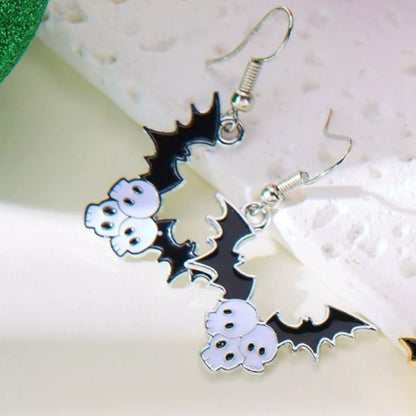 Halloween bat drop earrings featuring black bat-shaped dangles, perfect for spooky season accessories.