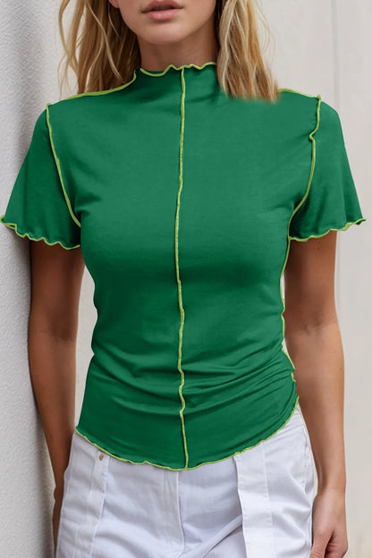 Trendsi Basic Bae mock neck casual top with wave edge, contrast stitching, ruffle short sleeves, slim fit style.