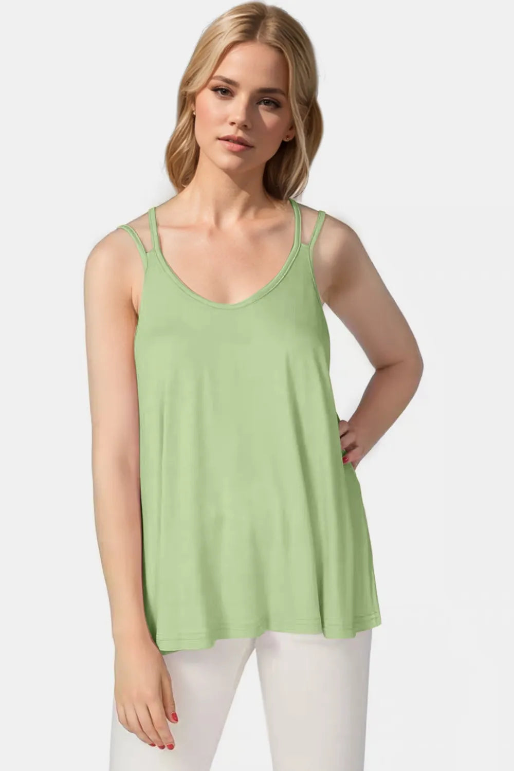 Trendsi Basic Bae bamboo camisole featuring scoop neck and double spaghetti straps, made from soft bamboo fabric.