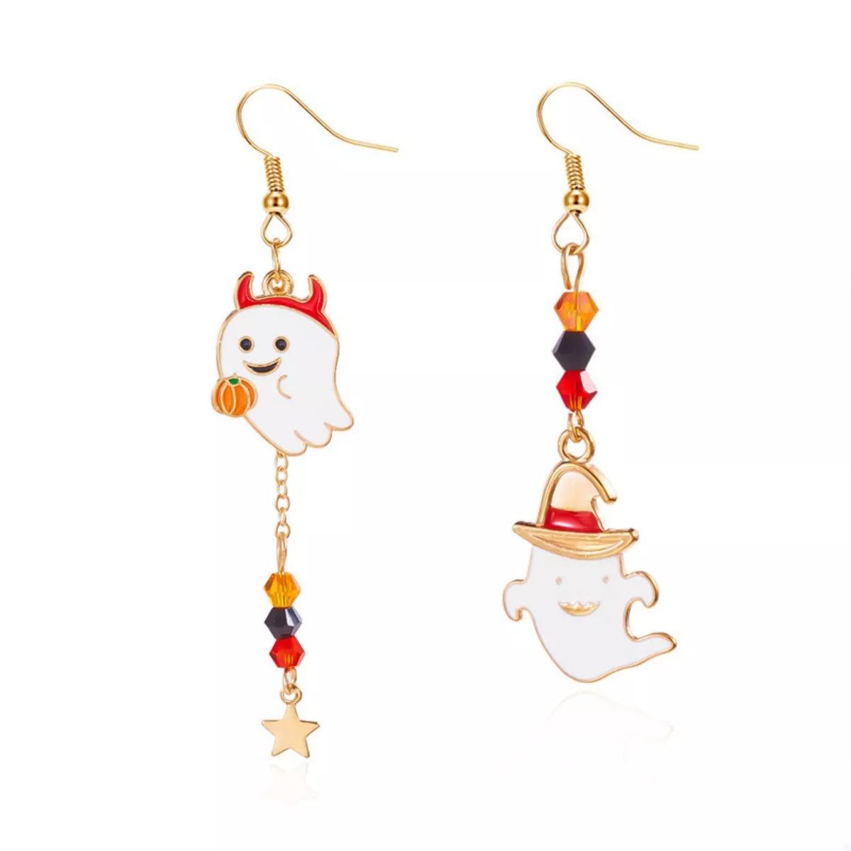 Halloween ghost and pumpkin drop earrings featuring spooky ghost and pumpkin charms, perfect for Halloween jewelry.