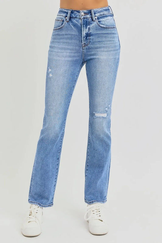 Distressed high-rise ankle straight jeans by Trendsi, full size, with a faded, ripped denim look and a relaxed fit.