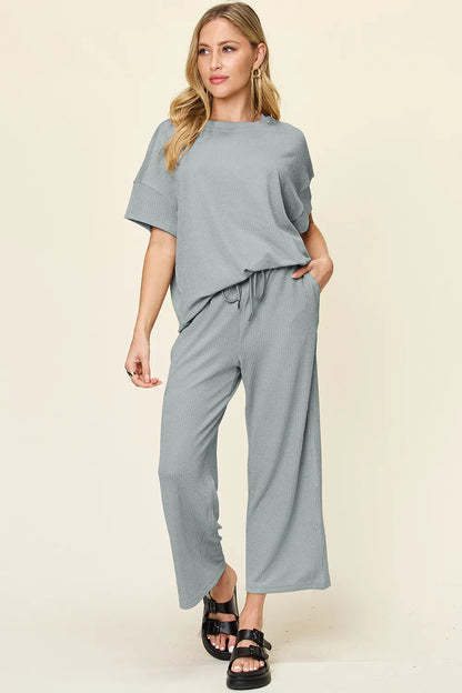 Trendsi double take full size textured round neck short sleeve t-shirt with wide leg pants, casual stylish outfit, front view