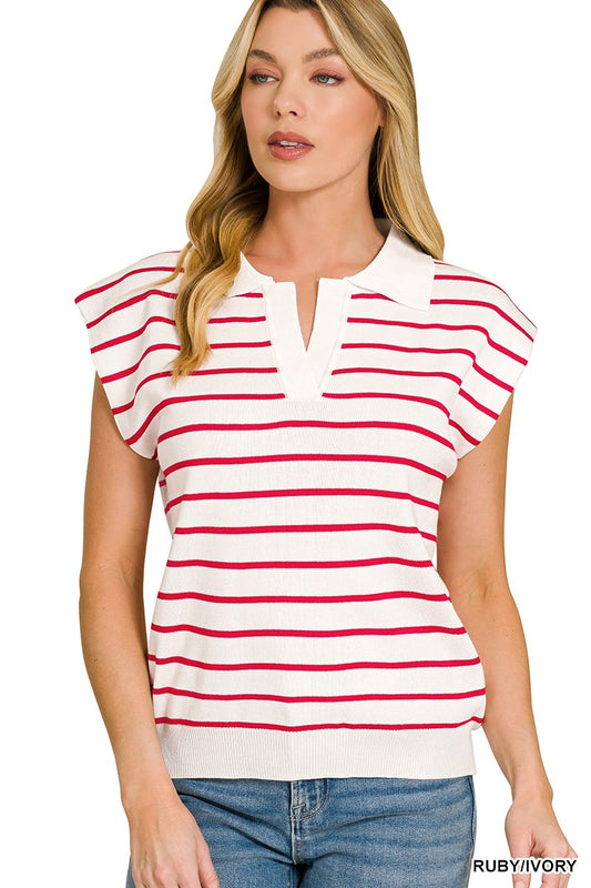 Viscose striped collared sweater vest by Trendsi, featuring a classic design with a ribbed neckline and contrasting stripe pattern.