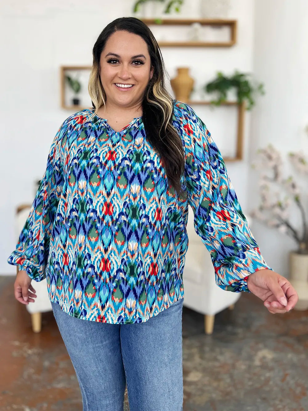 Printed balloon sleeve blouse from the Double Take collection by Trendsi, featuring full size and stylish balloon sleeves.