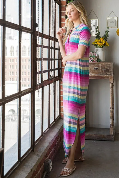 Heimish plus size striped short sleeve maxi tee dress with a relaxed fit, featuring bold horizontal stripes and a casual style.