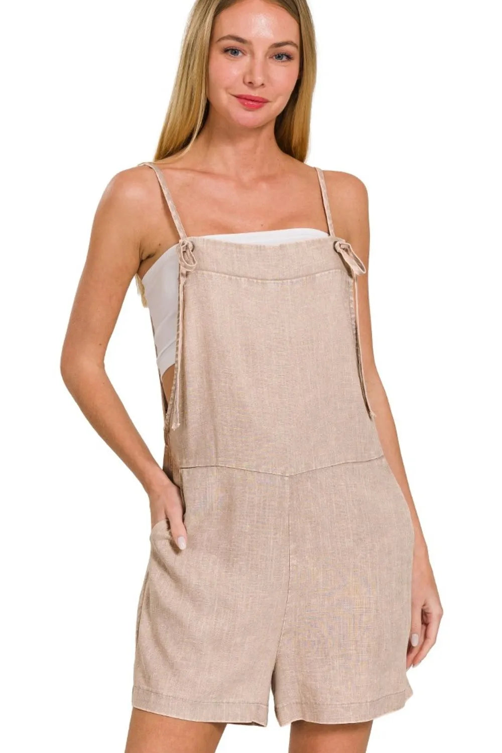 Zenana washed linen knot strap romper, lightweight and stylish, featuring a relaxed fit and tie straps, perfect for casual summer wear.