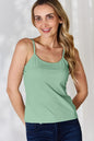 Plus size Basic Bae full size round neck slim cami by Trendsi, shown in natural beige with a close-up of the neckline