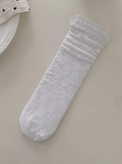 Lace fishnet mid-calf socks from Trendsi featuring intricate lace pattern and classic fishnet design for stylish legwear.