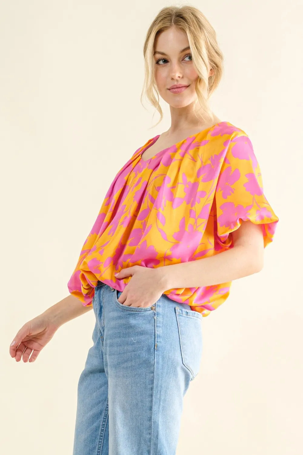 Printed satin bubble hem top by Trendsi featuring a full size design with a stylish bubble hem and smooth satin fabric.