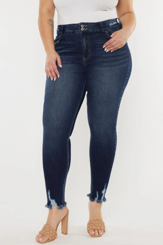 Kancan high waist jeans with raw hem and cat's whiskers design, featuring a full-size fit and trendy denim style.