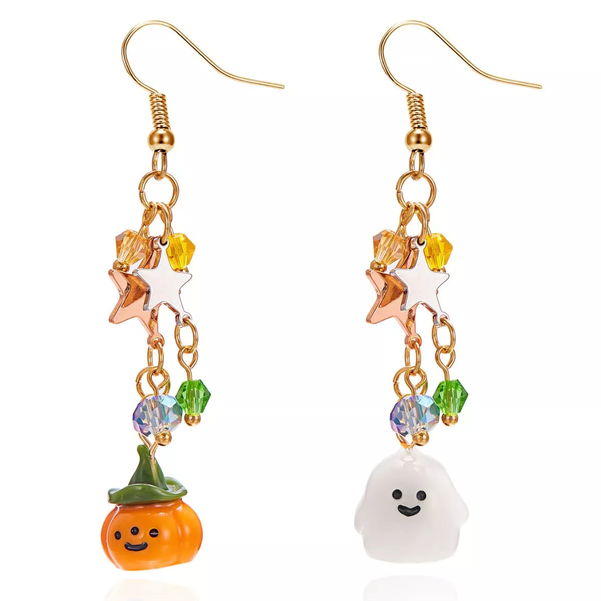 Asymmetrical pumpkin and ghost earrings featuring Halloween-themed design, trendy jewelry by Trendsi displayed on a white background.
