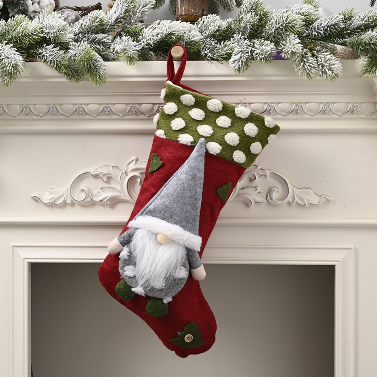 Red Christmas stocking hanging widget by Trendsi, featuring festive design and loop for holiday decoration.