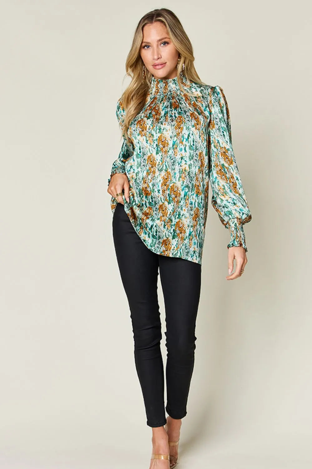 Printed smocked long sleeve blouse from Double Take, stylish full-size women's top with a trendy design and comfortable fit.