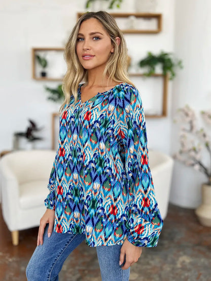 Printed balloon sleeve blouse from Double Take, stylish full-size shirt with vibrant design and trendy balloon sleeves.